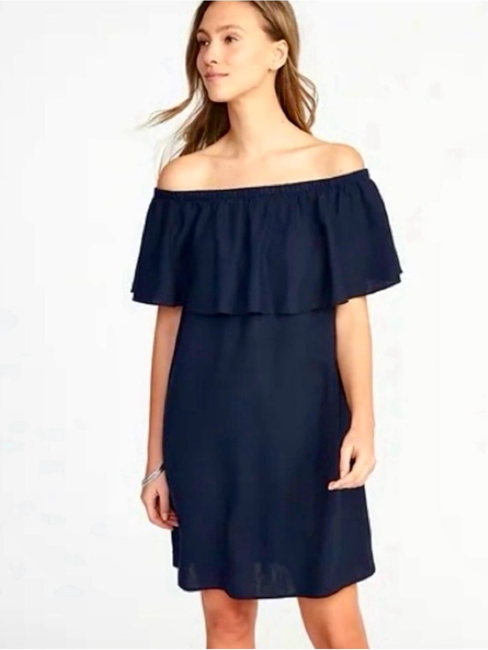 Old Navy Linen Blend Off Shoulder Ruffle Shift Dress Navy Blue Medium